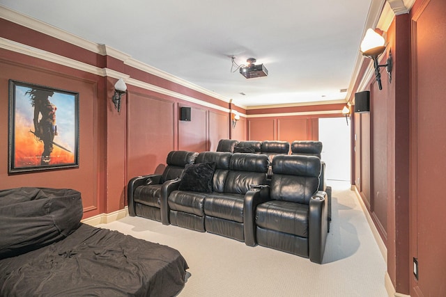 cinema featuring light carpet and crown molding