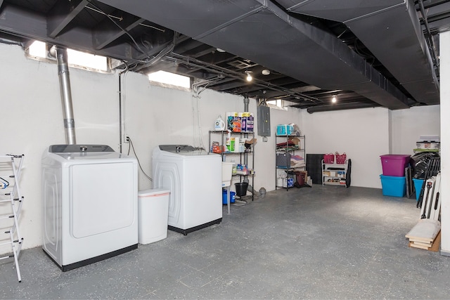 basement featuring washer and dryer and electric panel