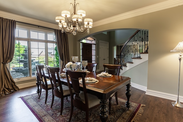 dining room featuring an inviting chandelier, dark hardwood / wood-style flooring, and ornamental molding