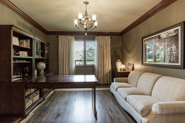 office area featuring dark hardwood / wood-style flooring, ornamental molding, and a chandelier