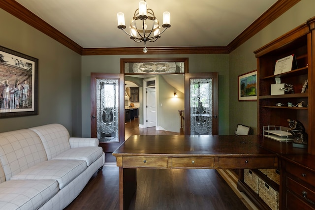 office featuring an inviting chandelier, dark wood-type flooring, and ornamental molding