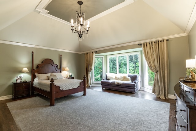 bedroom with hardwood / wood-style flooring, high vaulted ceiling, an inviting chandelier, and access to exterior