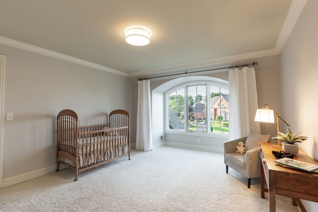 bedroom with crown molding and carpet floors