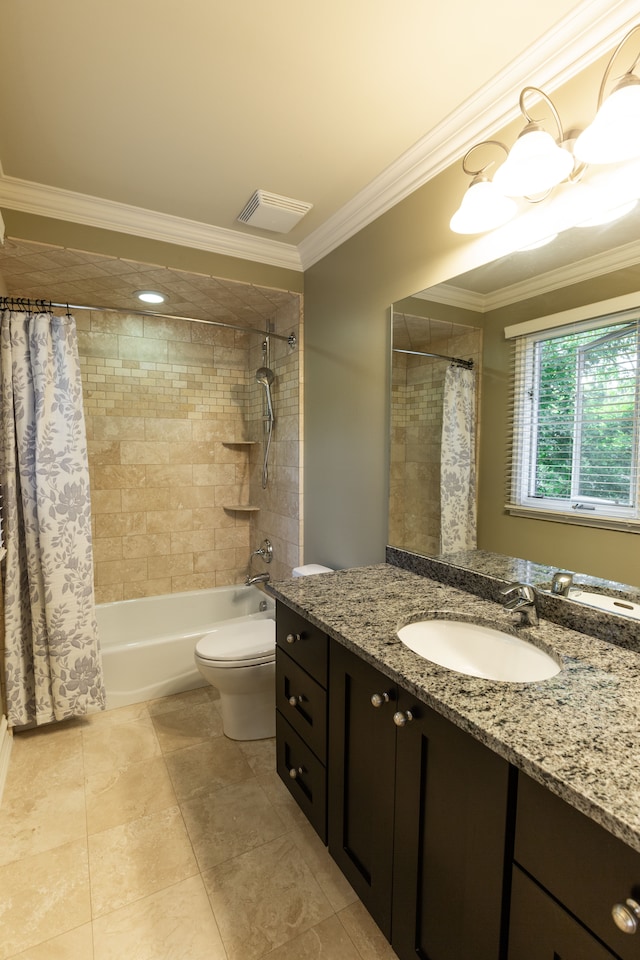 full bathroom with tile patterned floors, shower / tub combo, toilet, vanity, and crown molding