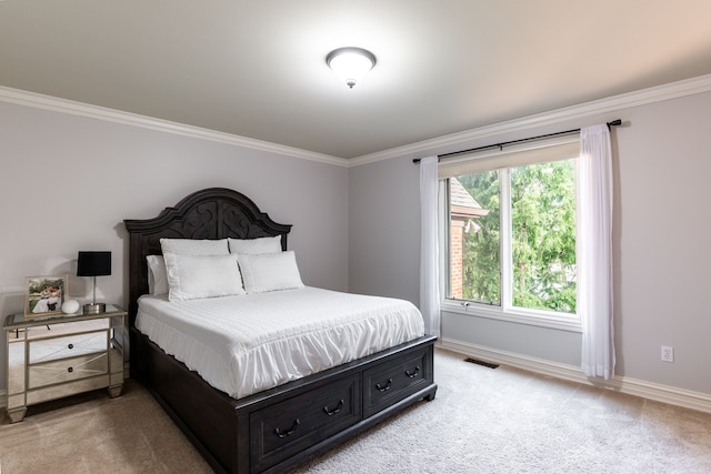 carpeted bedroom with crown molding