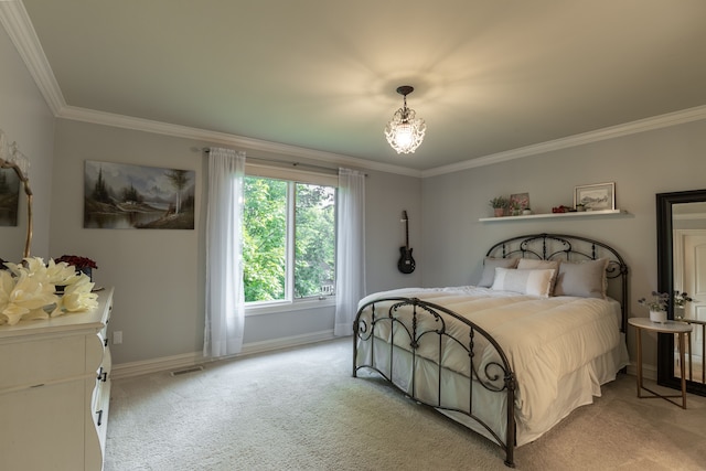 bedroom featuring crown molding and light carpet