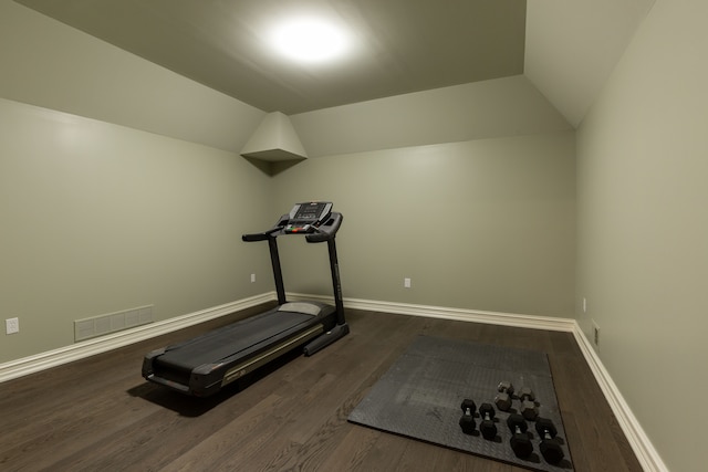 exercise room featuring vaulted ceiling and wood-type flooring