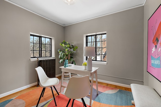 office space with a healthy amount of sunlight, radiator, and wood finished floors