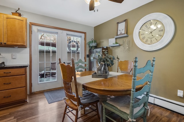 dining area featuring french doors, ceiling fan, and dark hardwood / wood-style floors