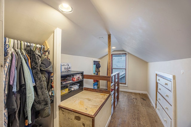 walk in closet featuring vaulted ceiling and wood-type flooring