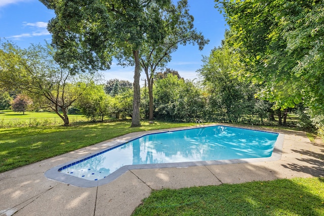 pool featuring a lawn and fence