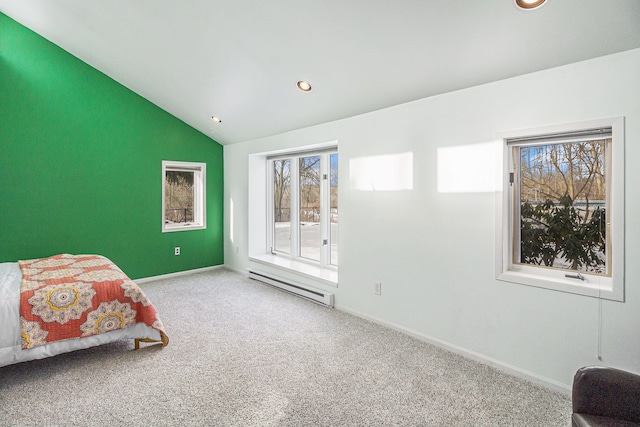 carpeted bedroom with baseboard heating, access to outside, vaulted ceiling, and multiple windows