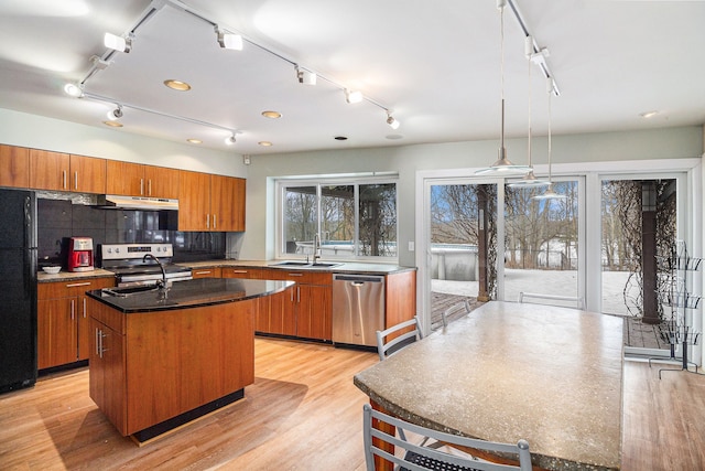 kitchen with light hardwood / wood-style flooring, an island with sink, stainless steel appliances, pendant lighting, and sink