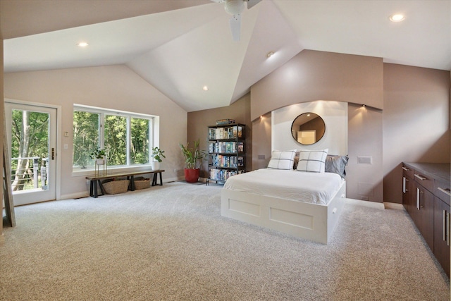 carpeted bedroom with ceiling fan, high vaulted ceiling, and access to exterior