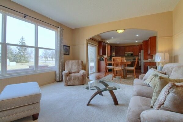 living area with arched walkways and light carpet