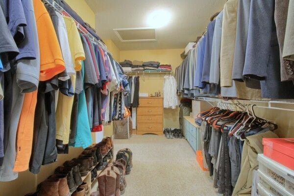 spacious closet with light carpet and attic access