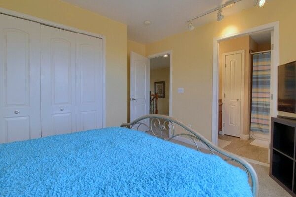 bedroom with track lighting and a closet