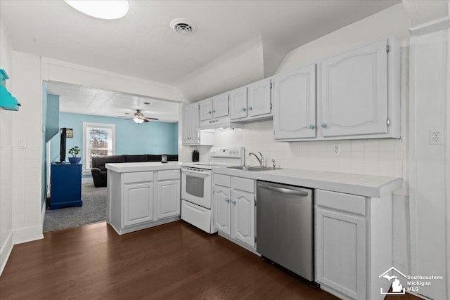 kitchen with white cabinetry, sink, white electric range, and stainless steel dishwasher