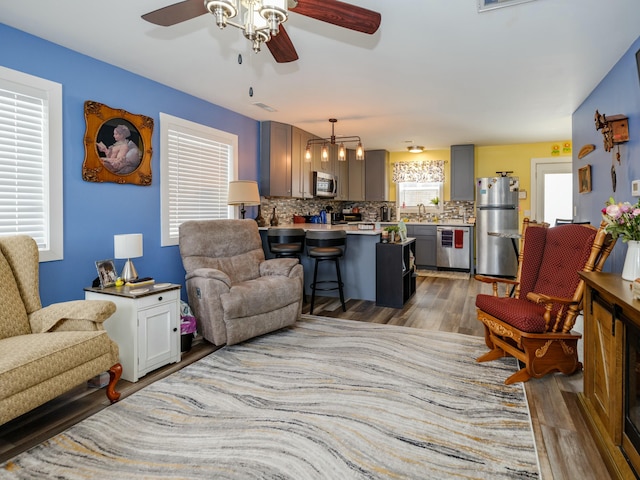 living room with sink, ceiling fan, and wood-type flooring