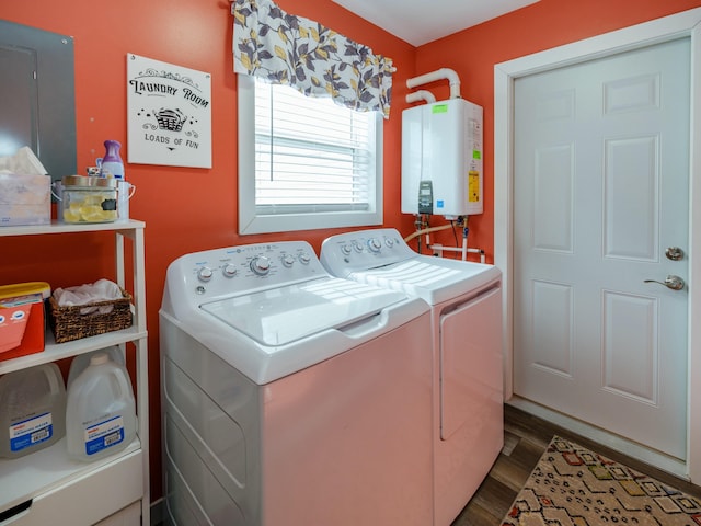 laundry room with water heater, dark hardwood / wood-style floors, and separate washer and dryer