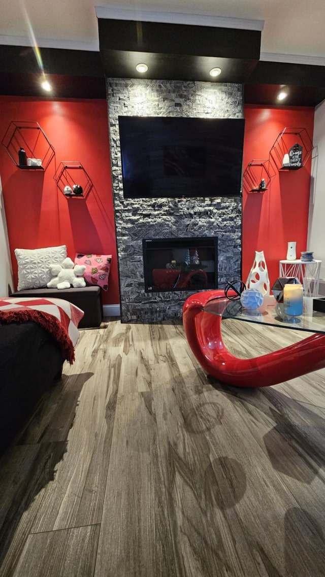 interior space featuring hardwood / wood-style floors and a stone fireplace