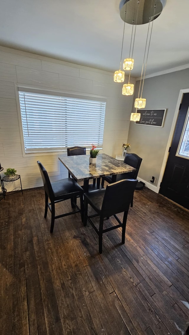 dining area featuring ornamental molding and dark hardwood / wood-style flooring