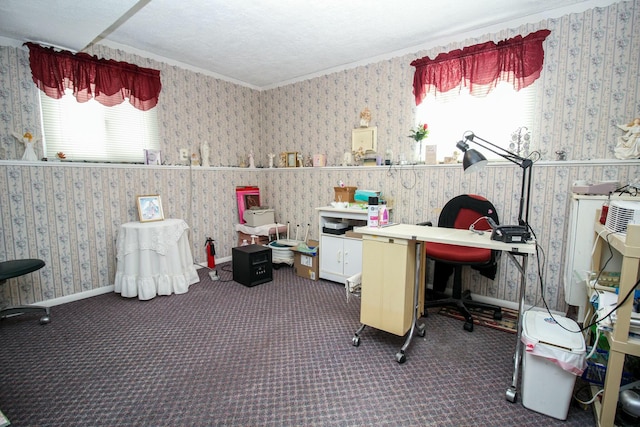 carpeted home office featuring a textured ceiling