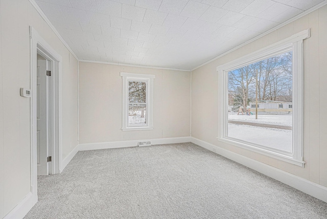 empty room featuring ornamental molding, light carpet, and a wealth of natural light