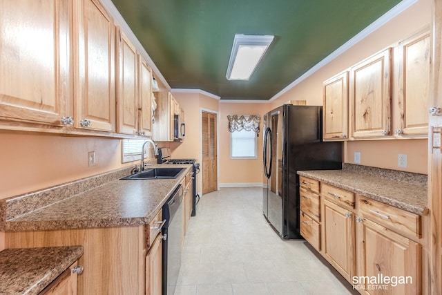 kitchen featuring sink, stainless steel appliances, crown molding, and light brown cabinets