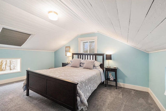 carpeted bedroom with multiple windows, vaulted ceiling, and wooden ceiling