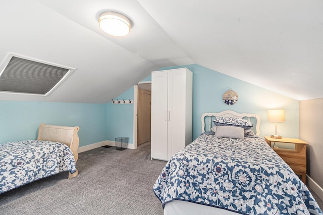 carpeted bedroom featuring vaulted ceiling