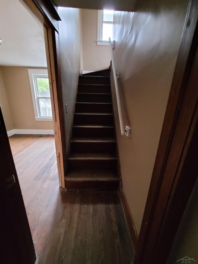 stairway with baseboards and wood finished floors