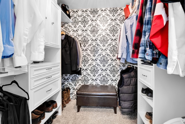 walk in closet with light carpet