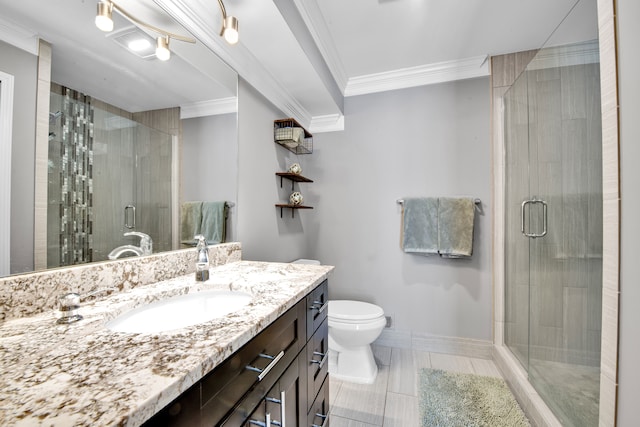 full bath with baseboards, crown molding, a shower stall, and toilet