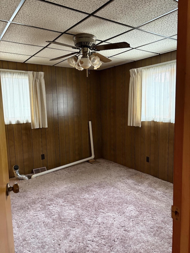 carpeted empty room with a wealth of natural light and wood walls