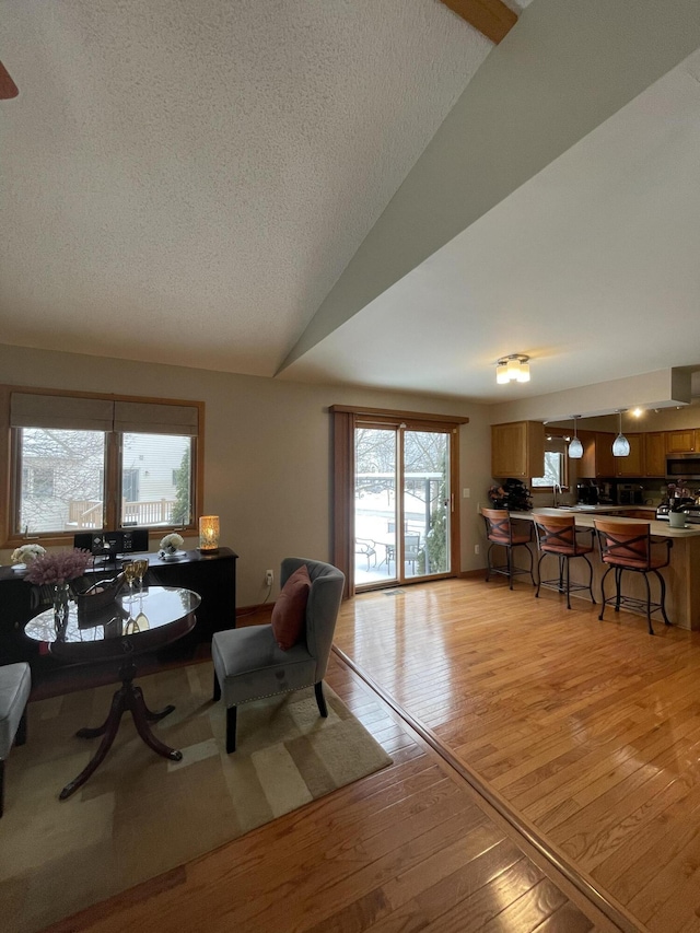 dining room featuring light wood-type flooring, vaulted ceiling, and a textured ceiling