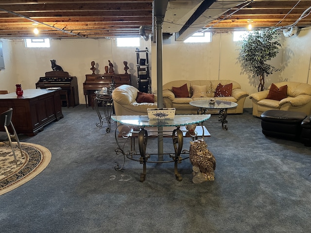 basement with dark colored carpet