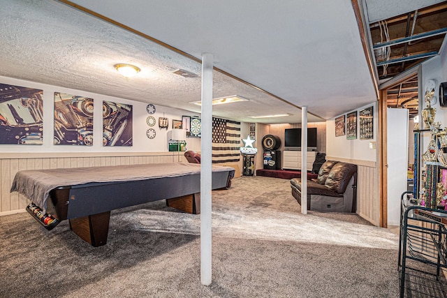 playroom featuring billiards, visible vents, a wainscoted wall, a textured ceiling, and carpet flooring