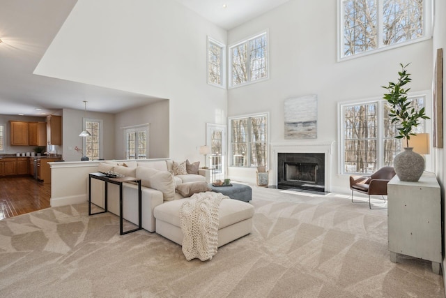 carpeted living room with plenty of natural light and a towering ceiling