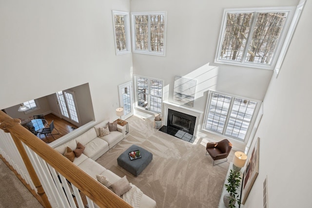 carpeted living room with a healthy amount of sunlight and a towering ceiling