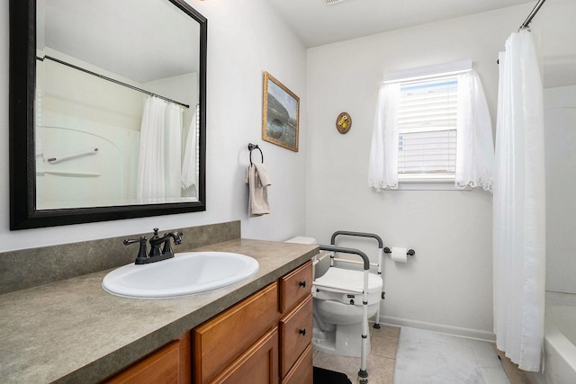 full bathroom featuring shower / tub combo, toilet, and vanity