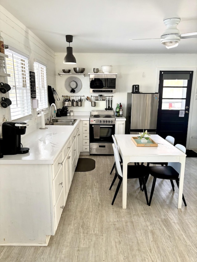 kitchen with a healthy amount of sunlight, light wood-style flooring, appliances with stainless steel finishes, and a sink
