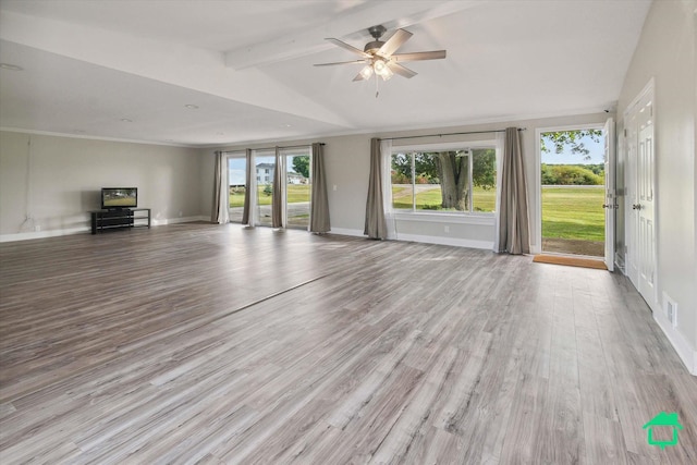 unfurnished living room featuring vaulted ceiling with beams, ceiling fan, visible vents, baseboards, and light wood finished floors