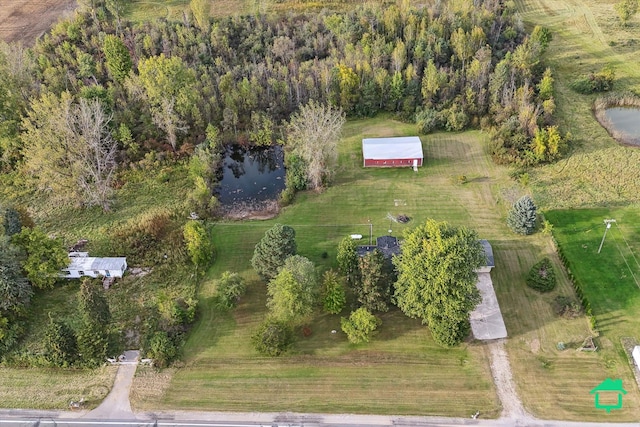 bird's eye view featuring a water view and a rural view