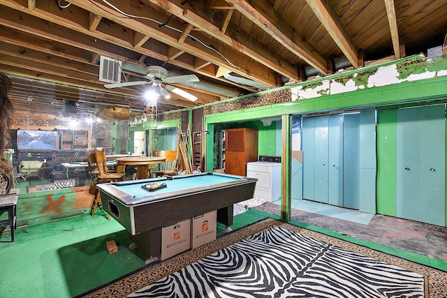 recreation room featuring visible vents, ceiling fan, billiards, and washer / dryer