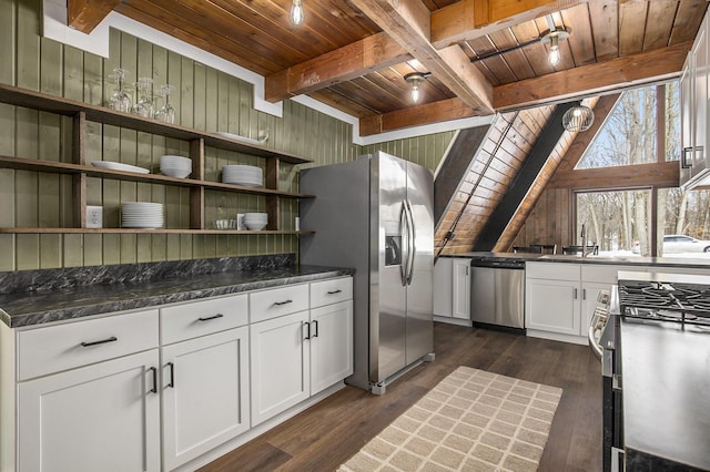 kitchen featuring white cabinetry, stainless steel appliances, wood ceiling, sink, and dark hardwood / wood-style floors