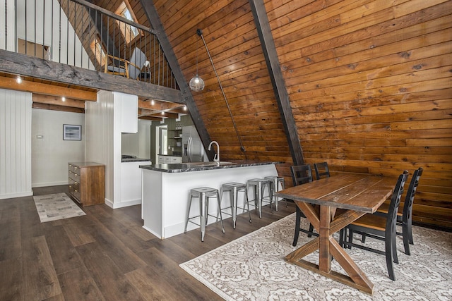 dining area with beam ceiling, high vaulted ceiling, dark wood-type flooring, and wooden ceiling