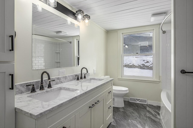 full bathroom featuring  shower combination, toilet, vanity, and wood ceiling