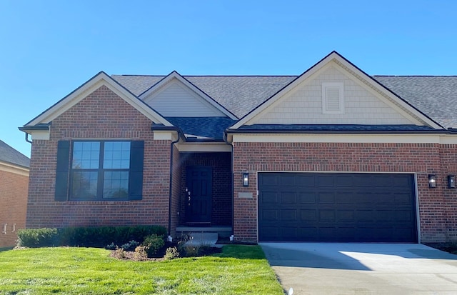 ranch-style home with an attached garage, a shingled roof, concrete driveway, and brick siding