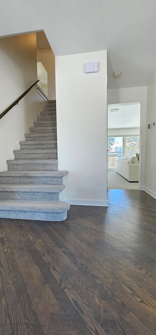 stairway featuring hardwood / wood-style flooring